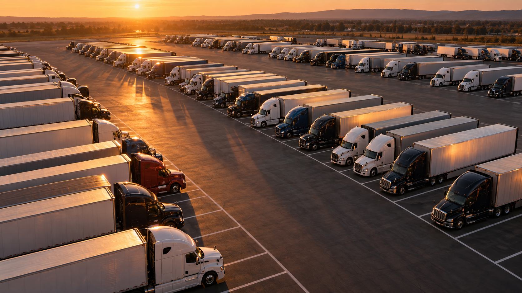Rows of trucks in a fleet parking lot at sunset